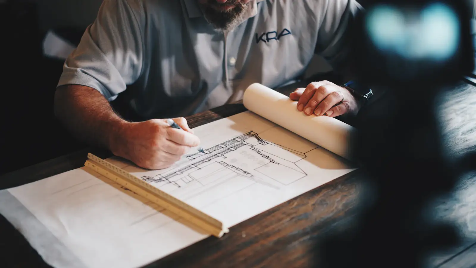 Hands drafting architectural plans with a pencil and ruler