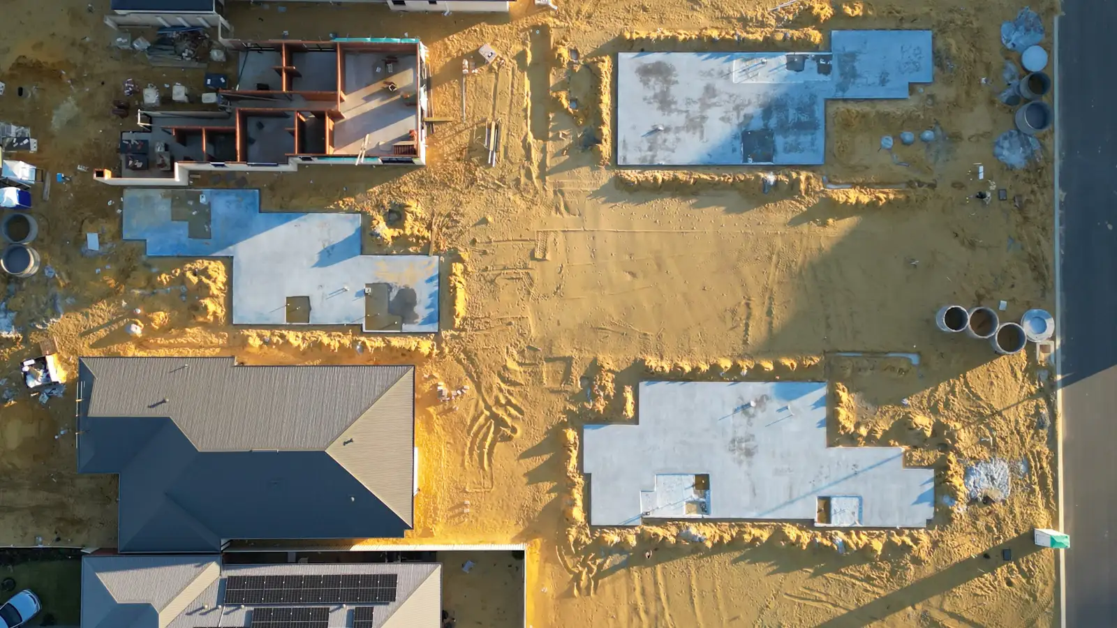 Aerial view of house foundations on a construction site