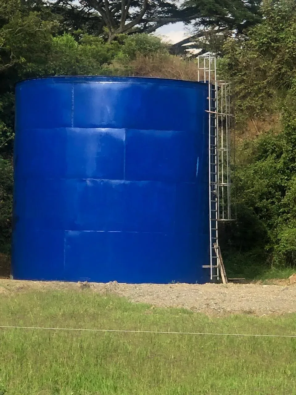 Large blue steel water storage tank with an access ladder